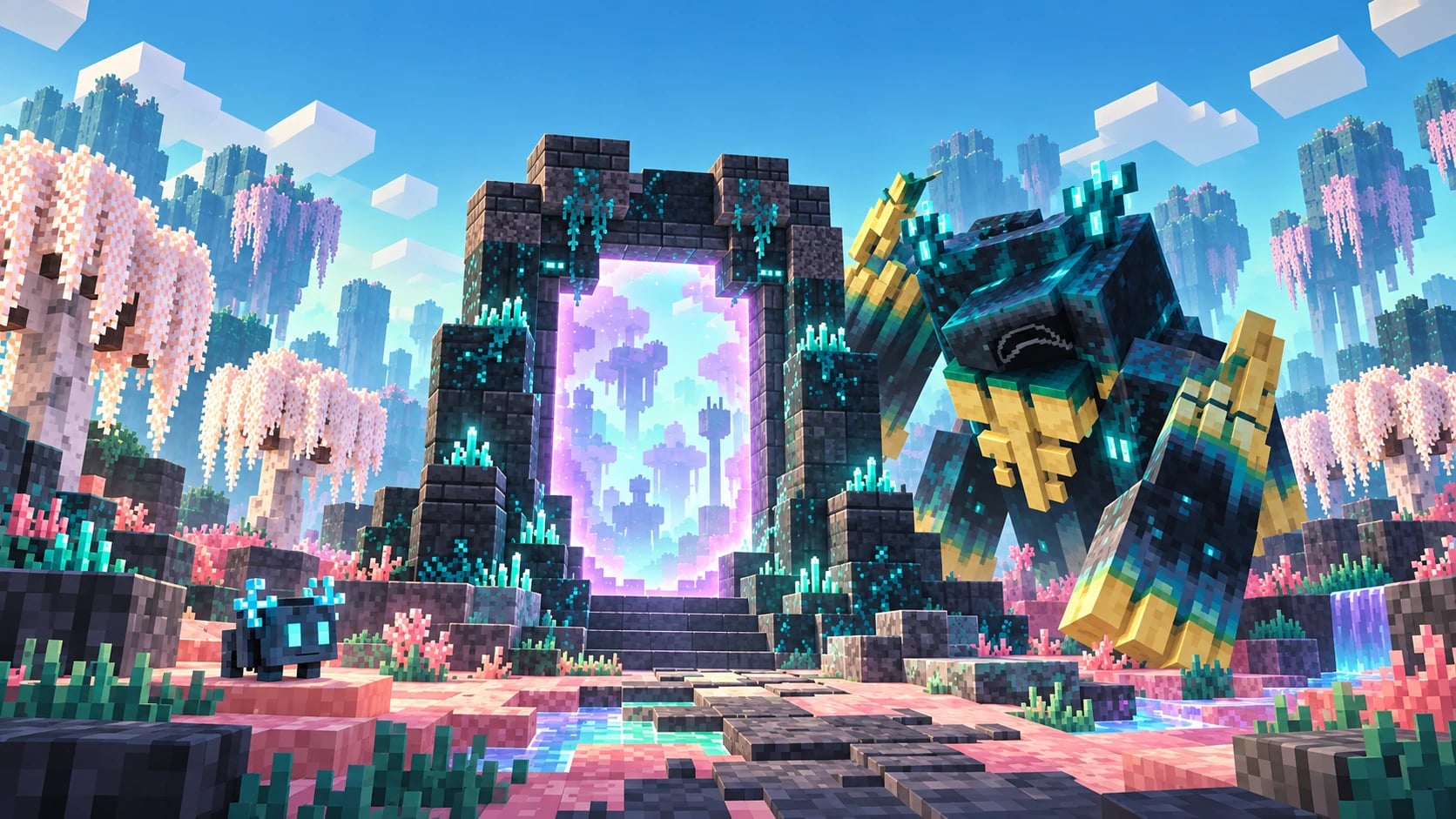 Arte conceitual Hexoria: um portal luminoso na Sift, protegido pelo Warden Retorcido, entre salgueiros brancos e sculk rosado.